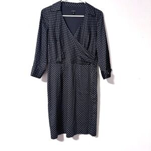 Ann Taylor Petite Polka Dot Faux Wrap Collared Dress Navy Light Blue‎ Size 8P